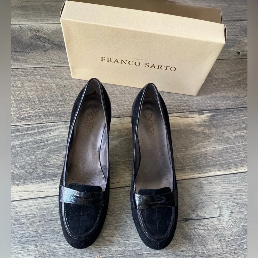 NWT Franco Sarto Kitten Heels Black Suede Penny Loafer Pumps Size 10.5 N Narrow